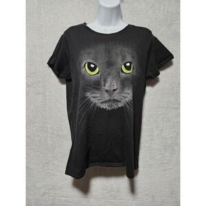 Womens Youth Black Cat Face Eyes Halloween Short Sleeve Cotton T-Shirt Top Shirt